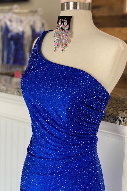 Celine | Vestido de fiesta de sirena de jersey con cuentas y un solo hombro con abertura