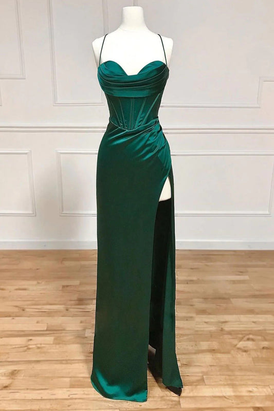 Lola | Vestido de fiesta de satén con corsé, tirantes finos y abertura