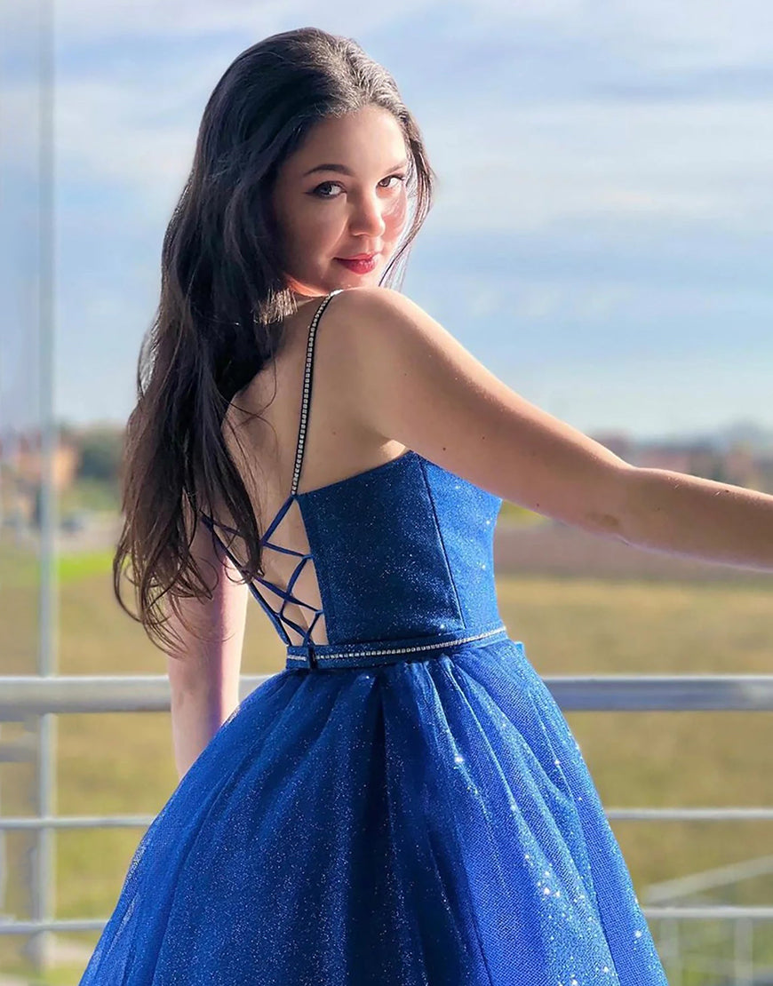  Royal Blue Sparkly A Line Spaghetti Straps Long Prom Dress