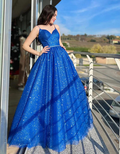  Royal Blue Sparkly A Line Spaghetti Straps Long Prom Dress