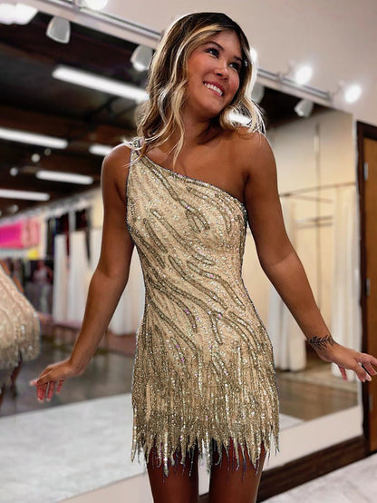 Isenia | Glitzerndes blaues One-Shoulder-Pailletten-Kurzkleid mit Fransen