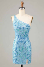 Blue Sheath One Shoulder Sequins Short Homecoming Dress