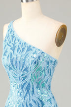 Blue Sheath One Shoulder Sequins Short Homecoming Dress