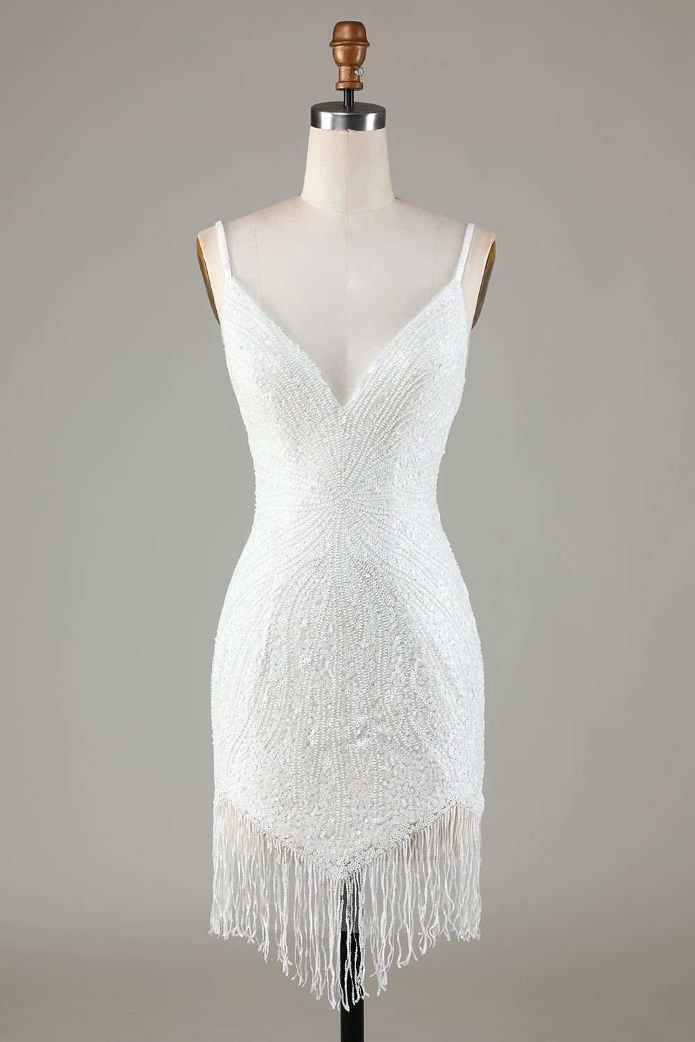 Vestido de fiesta corto ajustado con cuentas, espalda con cordones y borlas, color blanco brillante