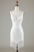 Vestido de fiesta corto ajustado con cuentas, espalda con cordones y borlas, color blanco brillante