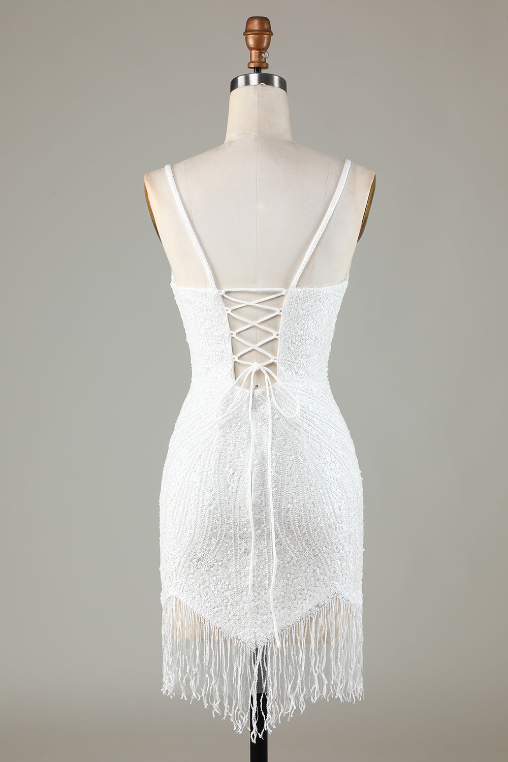 Vestido de fiesta corto ajustado con cuentas, espalda con cordones y borlas, color blanco brillante