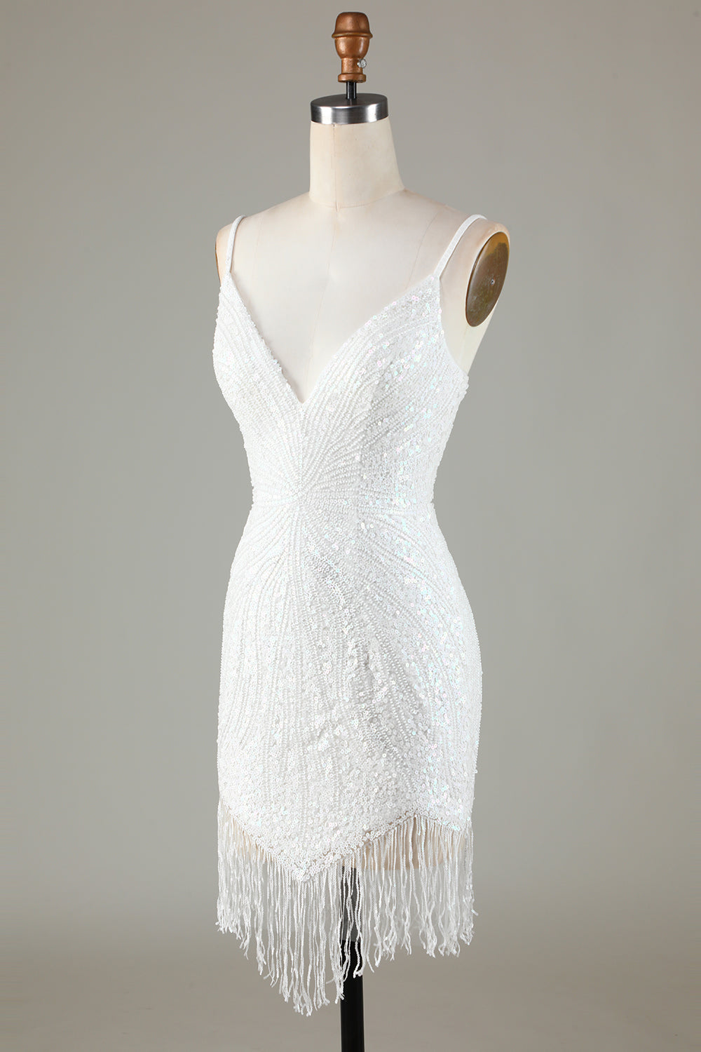 Vestido de fiesta corto ajustado con cuentas, espalda con cordones y borlas, color blanco brillante