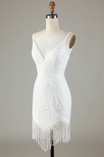 Glitzerndes, weißes, figurbetontes, kurzes Homecoming-Kleid mit Schnürung am Rücken, Perlen und Quaste