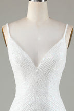 Vestido de fiesta corto ajustado con cuentas, espalda con cordones y borlas, color blanco brillante