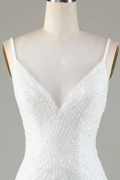 Glitzerndes, weißes, figurbetontes, kurzes Homecoming-Kleid mit Schnürung am Rücken, Perlen und Quaste