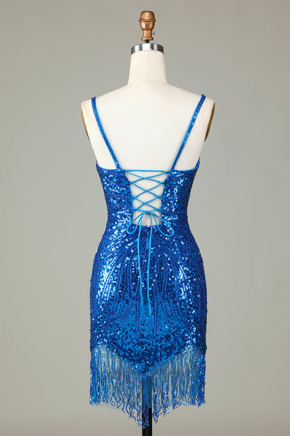 Glitzerndes, weißes, figurbetontes, kurzes Homecoming-Kleid mit Schnürung am Rücken, Perlen und Quaste