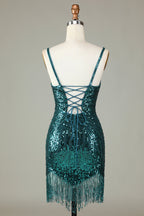 Vestido de fiesta corto ajustado con cuentas, espalda con cordones y borlas, color blanco brillante