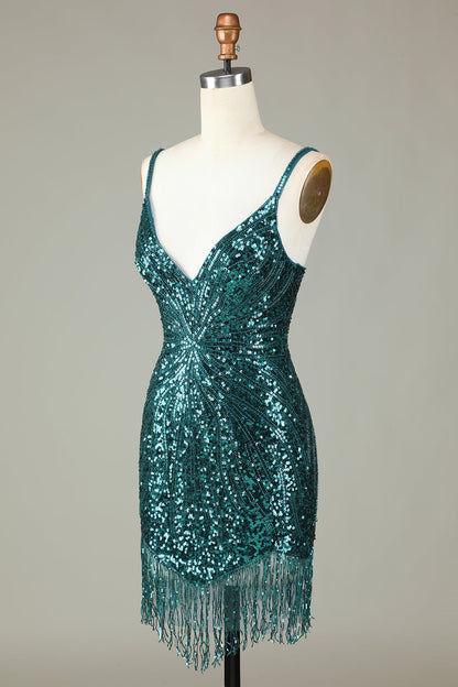 Glitzerndes, weißes, figurbetontes, kurzes Homecoming-Kleid mit Schnürung am Rücken, Perlen und Quaste