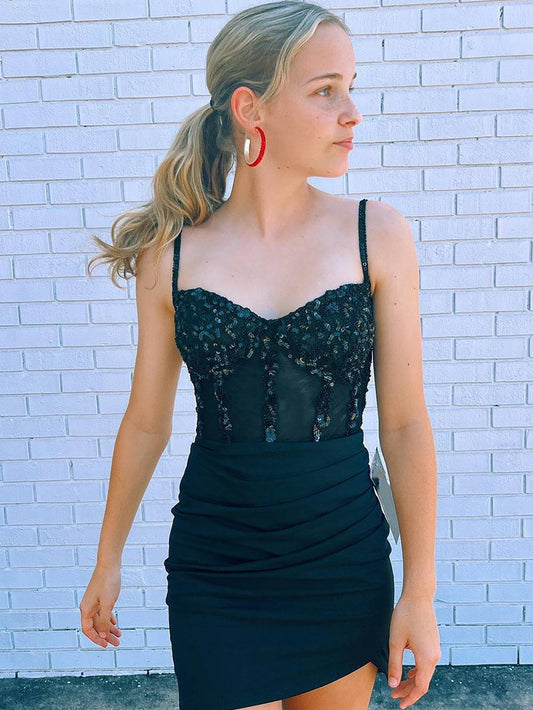 Heahter | Glitzerndes, schwarzes, enges Homecoming-Kleid mit Korsett und Pailletten