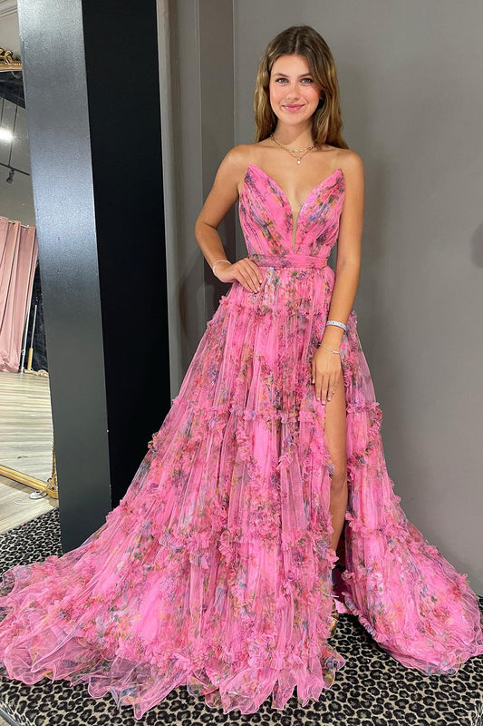 Izabella | A-Linien-Ballkleid aus Tüll mit Herzausschnitt und Blumenmuster und Schlitz
