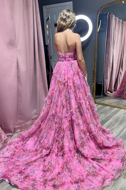 Izabella | A-Linien-Ballkleid aus Tüll mit Herzausschnitt und Blumenmuster und Schlitz