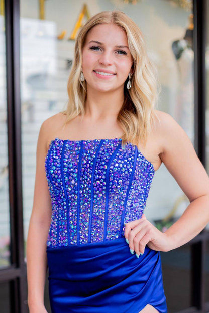 Sheath Strapless Satin Prom Dress with Slit