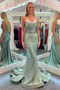 Jayleen | Vestido de fiesta largo verde con tirantes finos y encaje, corte sirena