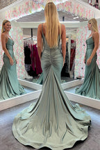 Jayleen | Vestido de fiesta largo verde con tirantes finos y encaje, corte sirena