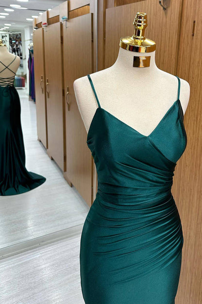 Vestido de fiesta largo de satén estilo sirena verde oscuro
