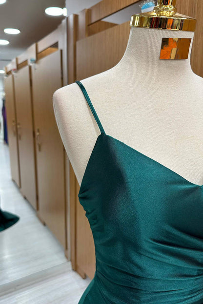 Vestido de fiesta largo de satén estilo sirena verde oscuro