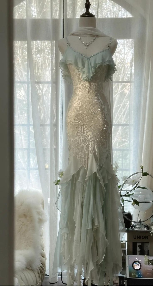 Vestido de noche elegante de gasa con cuentas y tirantes finos, estilo sirena, color verde menta, vestido formal de fiesta Y8546
