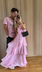 Rosa A-Linie Stufen-Ballkleid für Damen Rosa Rückenfreies Abendkleid Y4532