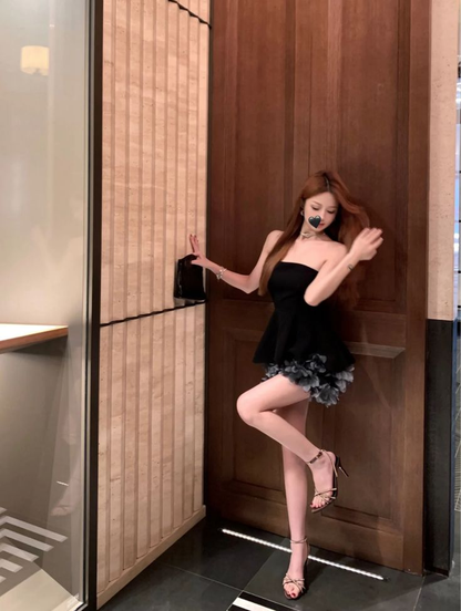 Vestido de cóctel negro sin tirantes de tul con estampado floral 3D, vestido de fiesta sin tirantes Y8105