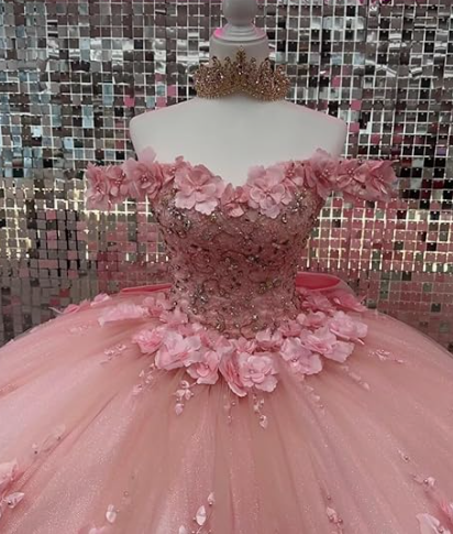 Rosa Off Schulter Ballkleid Quinceanera Kleider 3D Applikationen Korsett Kleid Y6791