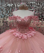 Rosa Off Schulter Ballkleid Quinceanera Kleider 3D Applikationen Korsett Kleid Y6791