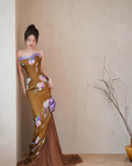 Vestido de noche estilo sirena con estampado de satén vintage, sin tirantes, largo, para fiesta, Y8545