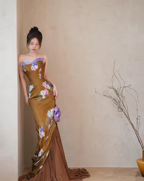Vestido de noche estilo sirena con estampado de satén vintage, sin tirantes, largo, para fiesta, Y8545