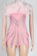 Rhinestone Girly Fluffy Mini Dress,Pink Bodycon Dress,Short Homecoming Dress Y781