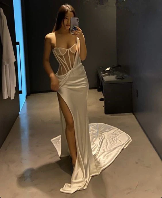 Weißes langes Ballkleid mit einer Schulter und hohem Schlitz, sexy Abendkleid Y189