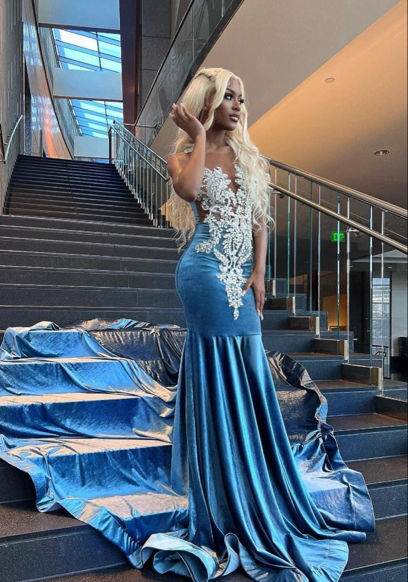 Baby Blau Meerjungfrau Spitze Afrikanischen Ballkleid Abendkleid Y4253