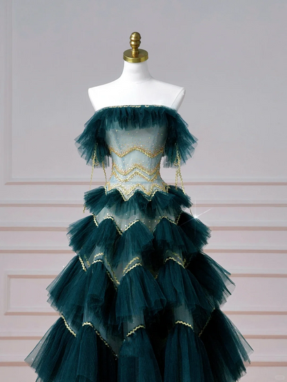 Vintage Dark Green Tulle Sequins Layered A Line Prom Dress Strapless Evening Dress Y8606