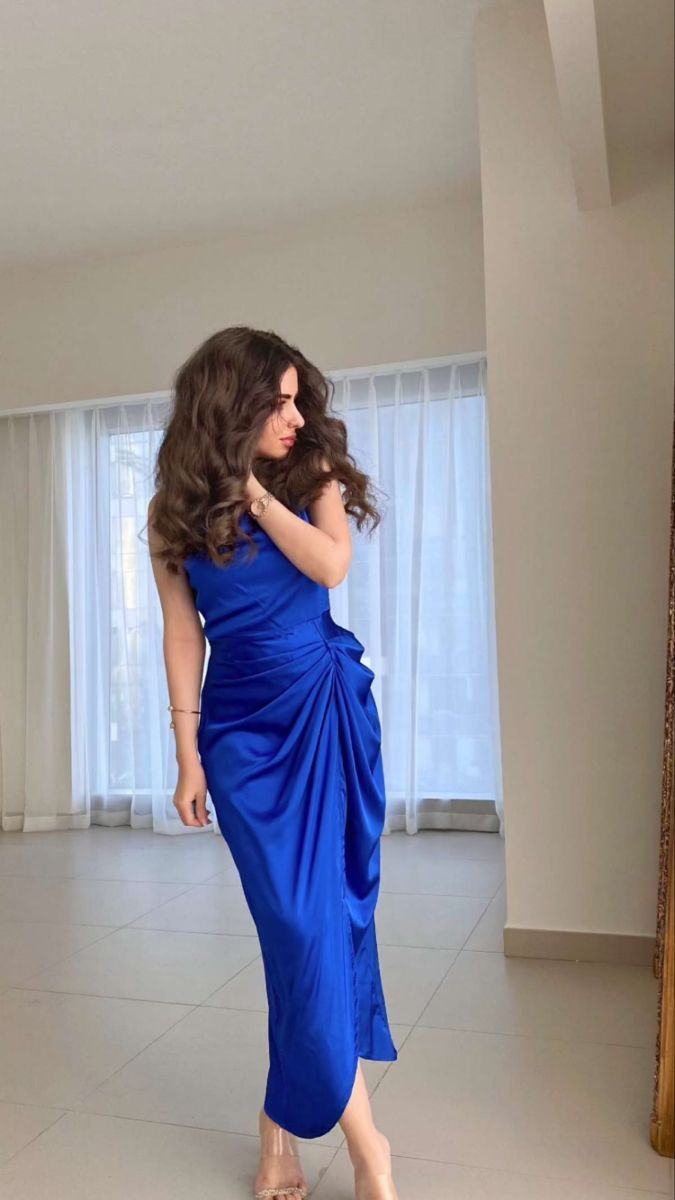 Meerjungfrau Abendkleid Damen Tee Länge Abschlussball Partykleid Blau Plissee Hochzeitsfeier Kleider Y4896