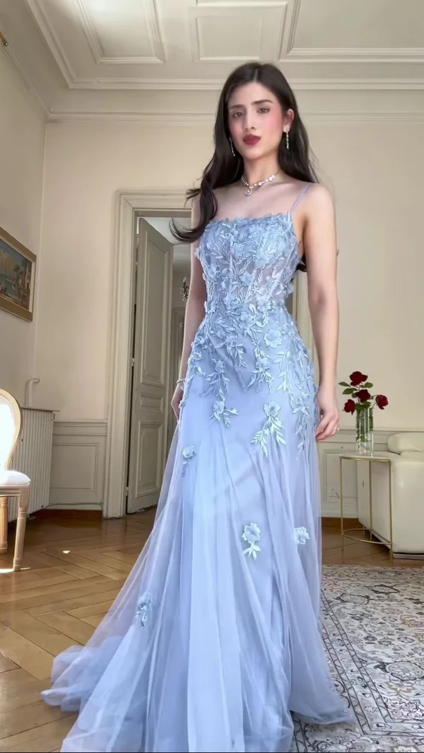 Vestido de noche largo estilo sirena con apliques de tul azul elegante Y8156