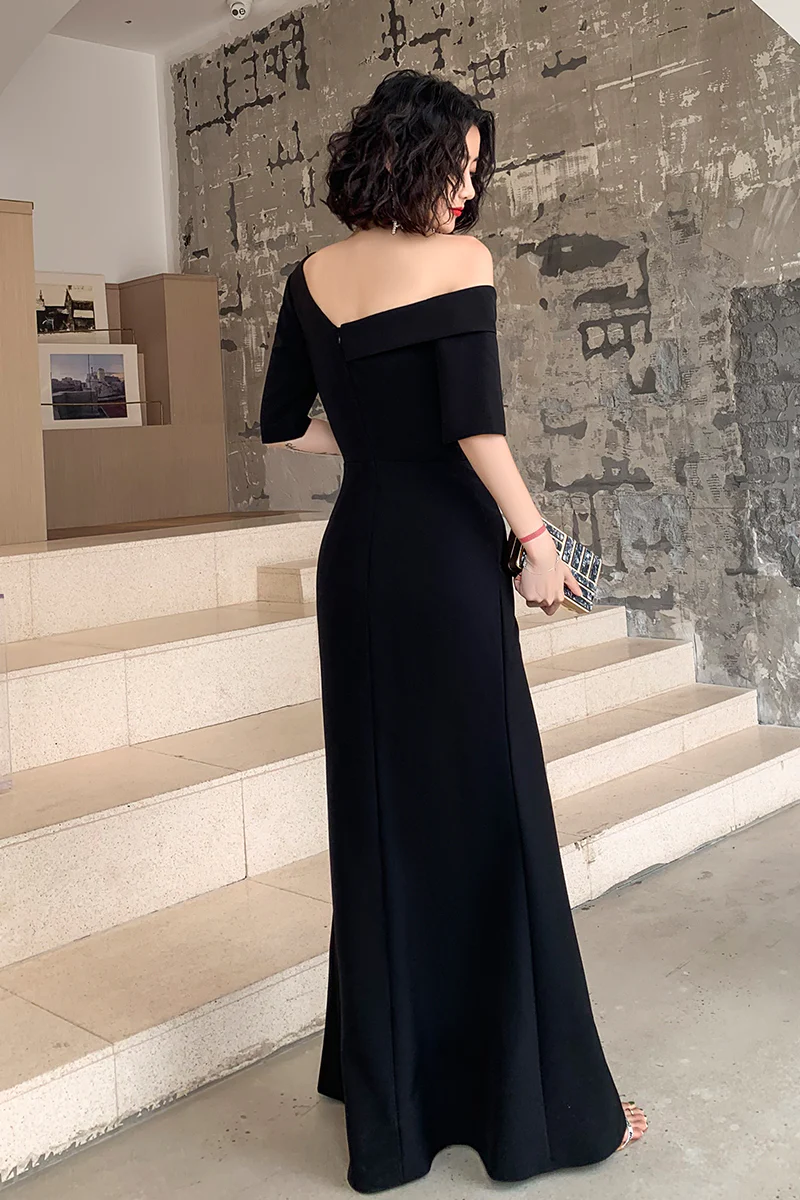Schwarzes langes Abendkleid mit einer Schulter und Schlitz, schwarzes Abendkleid, Ballkleid Y946