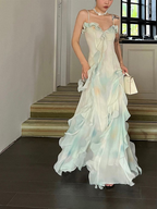 Hermoso vestido de fiesta de gasa verde con volantes en capas y tirantes finos Y7897