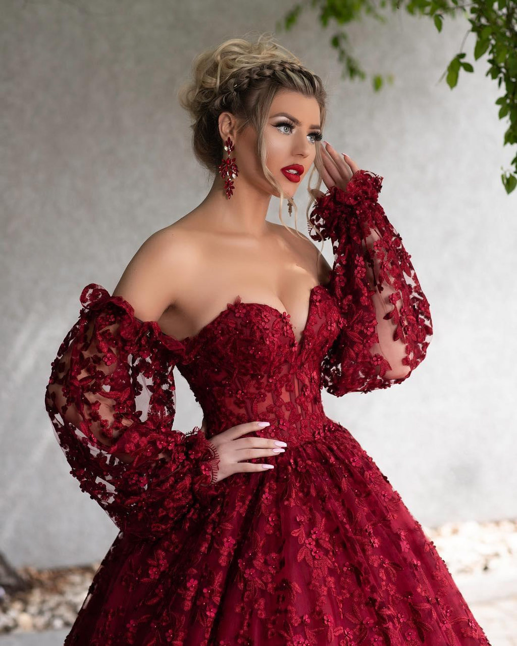 Vestido de fiesta de encaje rojo oscuro con cuentas, hombros descubiertos, mangas largas, vestido formal hasta el suelo, corte A, talla grande, Y766