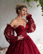 Vestido de fiesta de encaje rojo oscuro con cuentas, hombros descubiertos, mangas largas, vestido formal hasta el suelo, corte A, talla grande, Y766