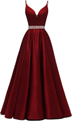 A-Linie Spaghettiträger V-Ausschnitt Ballkleid, Burgunder Satin Abendkleid Y1272