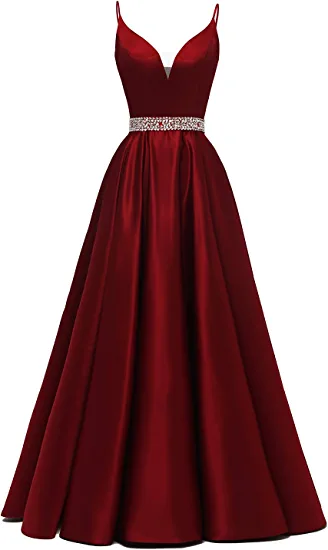 A-Linie Spaghettiträger V-Ausschnitt Ballkleid, Burgunder Satin Abendkleid Y1272