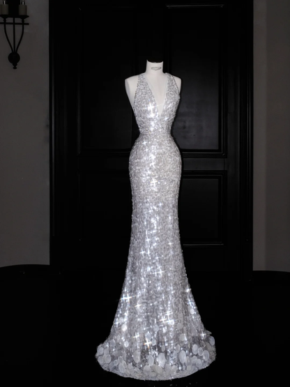 Sexy V-Ausschnitt Silber Pailletten Rückenfreies Meerjungfrau Ballkleid Abendkleid Y8680