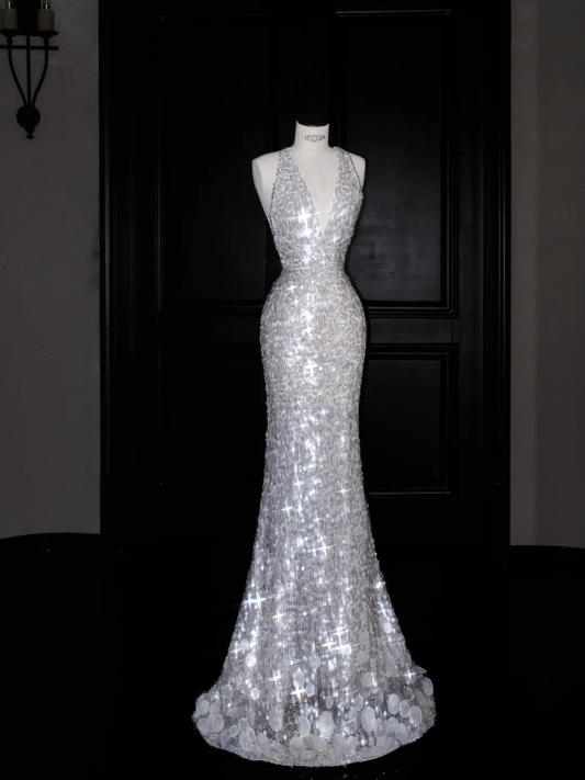 Sexy V-Ausschnitt Silber Pailletten Rückenfreies Meerjungfrau Ballkleid Abendkleid Y8680