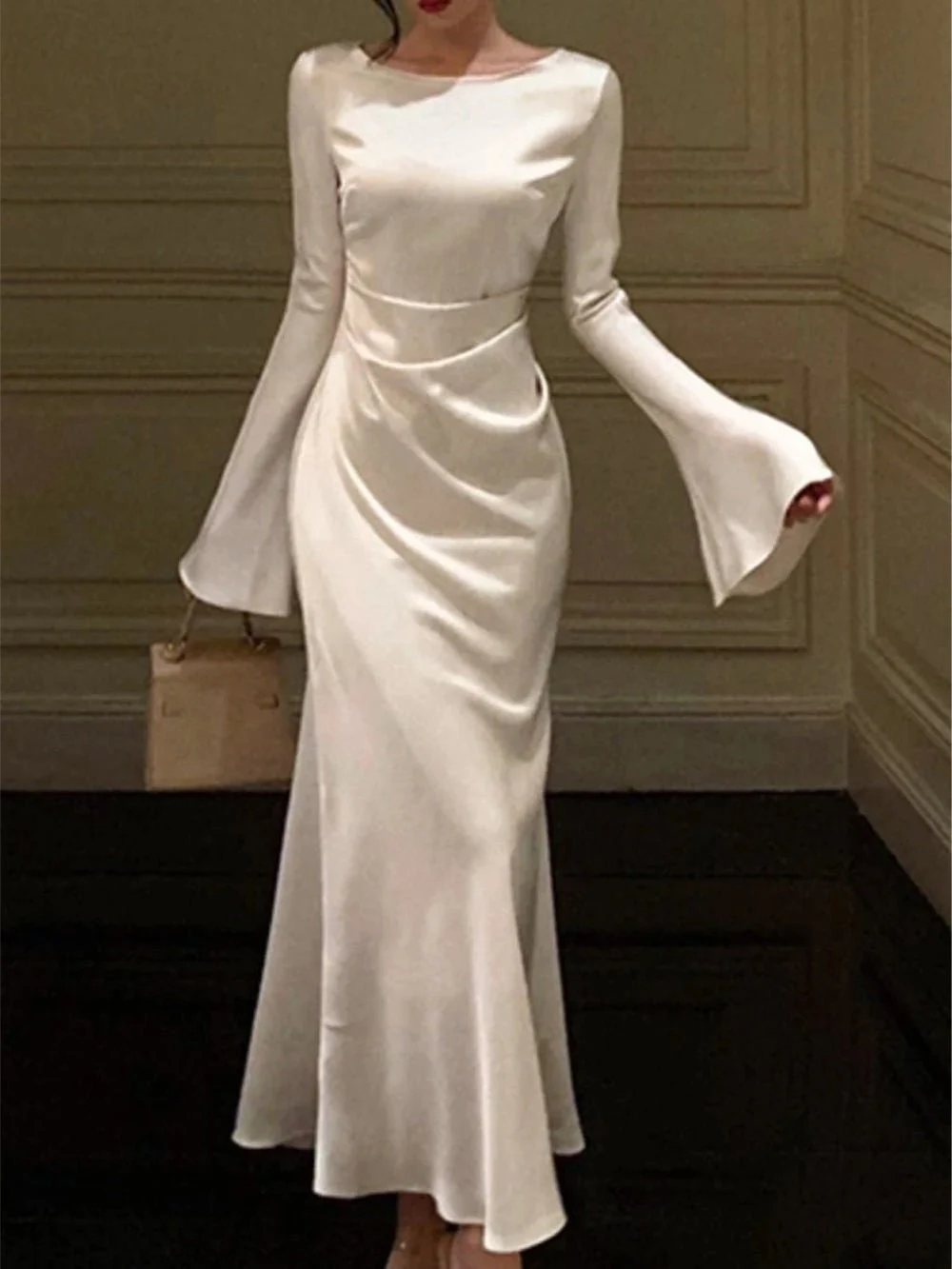 Vestido de noche de satén con cuello redondo para mujer, vestido de cóctel blanco sencillo Y6894