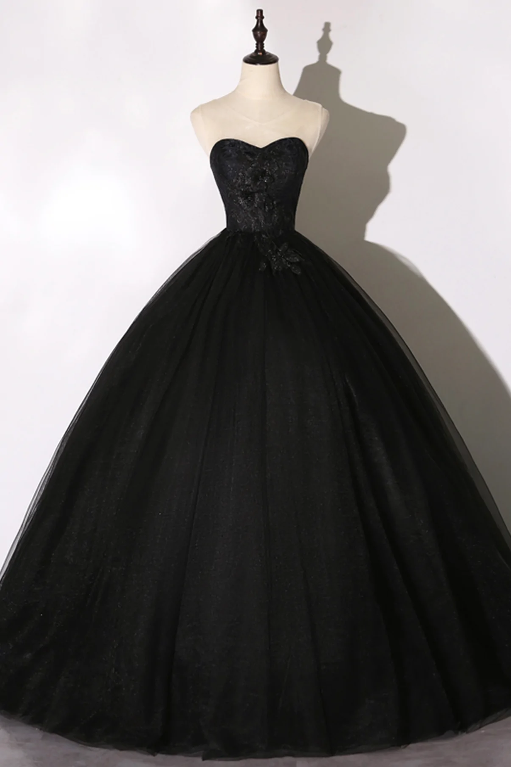 Vestido largo de encaje negro con corte A y corte formal Y1295