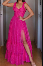 Glitzer A-Linie Hot Pink Langes Ballkleid, Großzügiges Abendkleid, Abschlusskleid Y1906