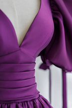 Purple Puff Sleeves Satin Long Prom Dress, V-Neck Evening Dress Y856
